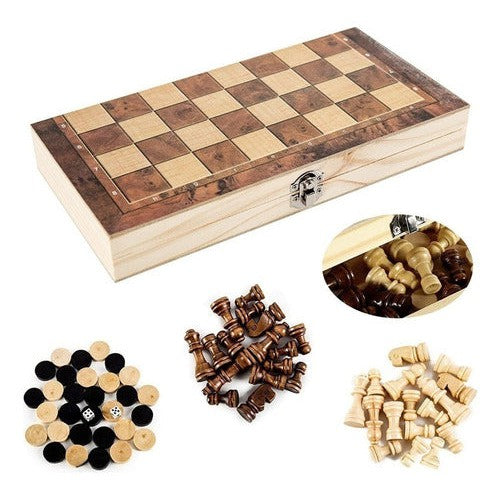 Juego De Mesa En Madera 3 En 1 Ajedrez, Damas Y Backgammon