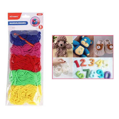 Set 5 Ovillos Lana + 2 Agujas Plasticas Escolar