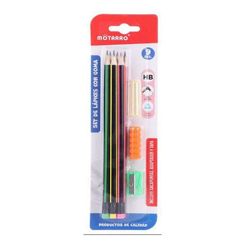 Set 6 Lapices Grafito Con Goma + 3 Accesorios