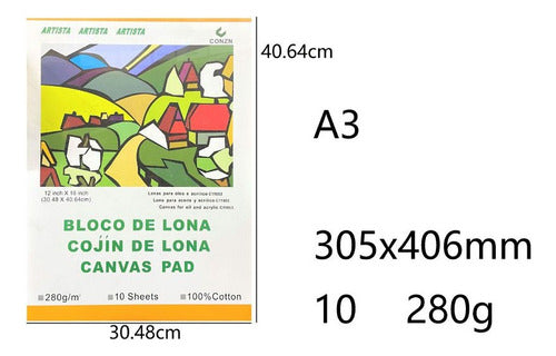 Block Tela Lona Canvas 280 Grs De Algodón A3 10 Hjs