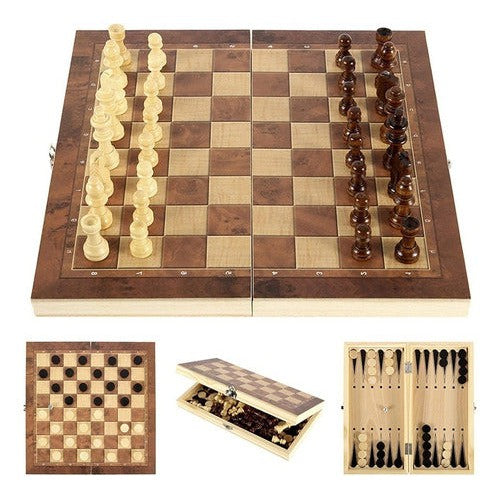 Juego De Mesa En Madera 3 En 1 Ajedrez, Damas Y Backgammon