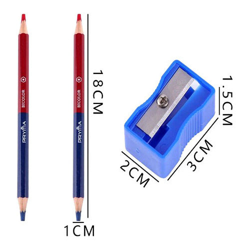 Set 2 Lápiz Bicolor Hexágonal Grueso Rojo / Azul + Sacapunta