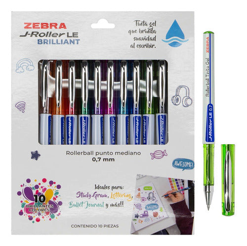 Lapices De Tinta Gel J-roller Le Brilliant 10 Colores Zebra.