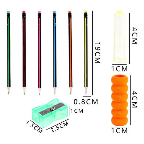 Set 6 Lapices Grafito Con Goma + 3 Accesorios